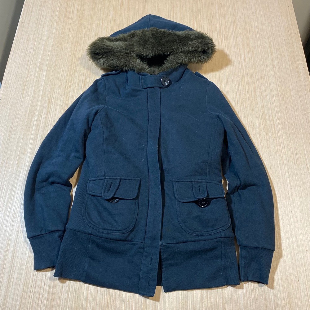 XXI Forever 21 Navy Blue Faux Fur Hooded Utility Jacket Small Zip Up Parka